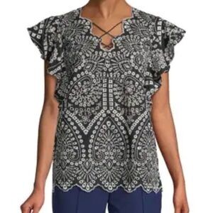 Laundry by Shelli Segal Black White Embroidered Eyelet Flutter Sleeve Top
